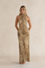 Leopard Halter Backless Maxi Dress