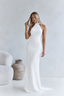 Pearl Back Halter Satin Maxi Dress